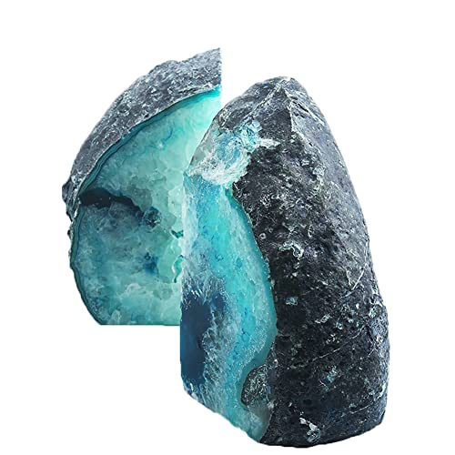 AMOYSTONE Agate Geode Bookends Heavy Duty Stone Book Ends Decorative Bookend Holder Home Office Decor with Rubber Bumpers Teal 1 Pair, 2-3 LBS - color: Dyed Teal, size: 2-3LBS