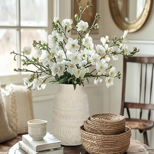 9" Pottery Vase with Sand-Grain Textured, Rustic Ceramic Vase for Mediterranean, Vintage & Farmhouse Style on Desktop Decor, Slender & Beige White - color: 9" Beige White