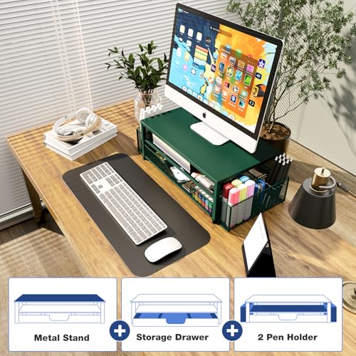 OPNICE Desk Organizers and Accessories, 2-Tier Computer Monitor Stand Riser with Drawer and 2 Pen Holders, Laptop Stand, Office Desk Accessories for Office Supplies, Dark Green - color: Dark Green