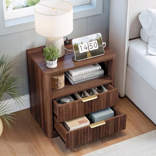 IRONCK Fluted Night Stand Set of 2, Modern Nightstand with Charging Station, Drawers and Open Shelves - Bedside Table Wood Side Table Set for Bedroom (Walnut) - color: Walnut
