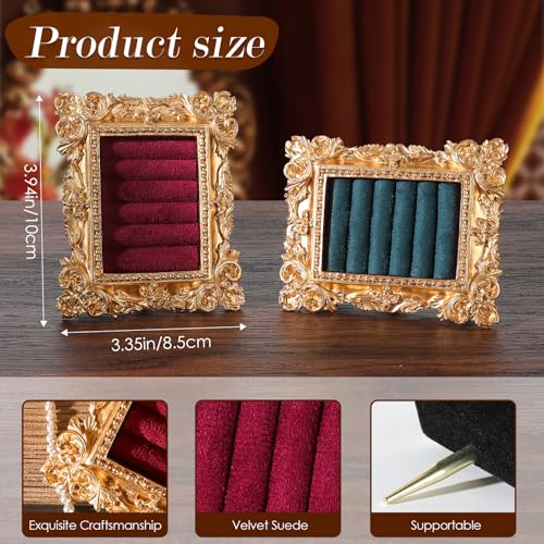 Vintage Ring Holder Rectangle Gold Velvet Display Stand - Baroque Jewelry Organizer Box Tray for Wedding Engagement Anniversary Women Birthday Christmas Gift Photograph Prop (MPF05-Gold Red) - color: MPF05-Gold Red