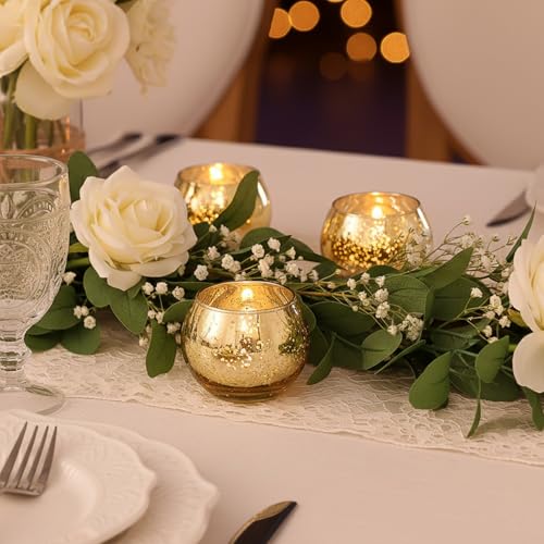 LAMORGIFT 12 Pcs Gold Votive Candle Holders- Gold centerpieces for Tables, Mercury Glass Votives for Wedding, Rehearsal Dinner, Engagement, Birthday Party Decorations - color: Gold