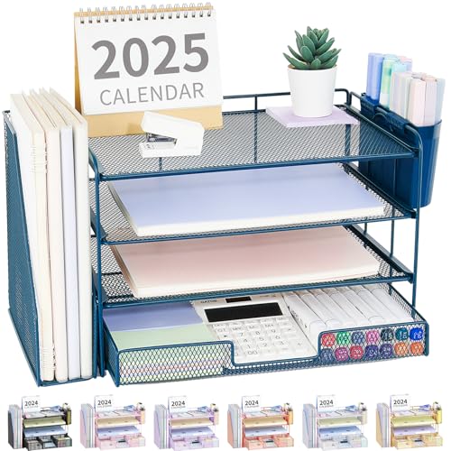 OPNICE Desk Organizer, 4-Tier Desktop File Organizer with Drawer and 2 Pen Holders, Office Desk Accessories, File Sorters, Workspace Organizers for Office Supplies(Dark Blue) - color: Dark Blue, size: 4-Tier