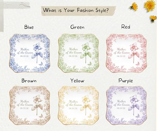 Personalized Mother of the Groom Ring Dish, Blue Floral Porcelain Jewelry Tray for Wedding Day, Scalloped Edged Ceramic Keepsake Bowl From Bride, Custom Engagement Date Trinket Plate Mother-In-Law - color: Design 03
