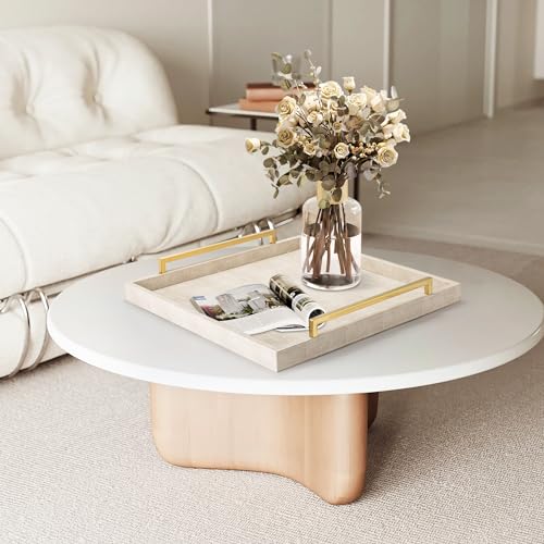 Large Ottoman Tray for Coffee Table,Square Shagreen Leather Decorative Tray with Gold Handles for Living Room Decor - color: Ivory, size: 20" x 20" x 3"