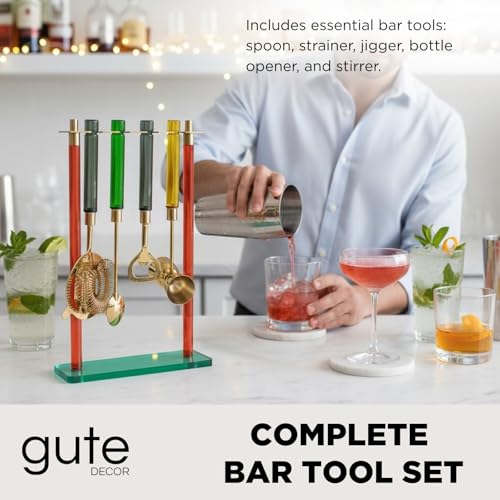 5-Piece Gold Bartender Kit with Stand. Stainless Steel Bar Tool Set, Colorful Handles. Includes Jigger, Strainer, Spoon, Bottle Opener Luxury Home Bar Cart Accessories, Cocktail Decor & Mixer Gift Set - color: Mixed Color