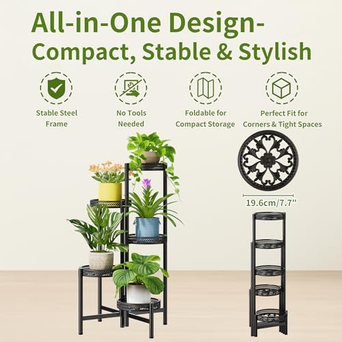Plant Stand Indoor Outdoor, 5 Tier Corner Metal Flower Display Holder Shelf, Folding Tall Rack for Patio Balcony Porch Garden Living Room House, Heavy Duty Wrought Iron Plant Shelf- BlackWave - color: BlackWave, size: 5-Tiers
