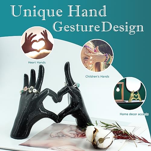 Accessoryway Black Heart Hands Decor Sculpture,Small Love Finger Gesture Decorative Sculpture for Wedding Dresser Shelves Desktop Knick Knacks Home Decor & Ring-Holder Display Stand - color: Black