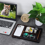 MultiBey Acacia Wood Valet Tray with Leather Inlay | Mens Valet Tray & Desk Organizer | Elegant EDC Catchall Trays for Phone, Wallet, Keys, Watch, Jewelry - color: Acacia - Leather & Cable Slot