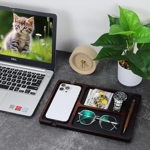 MultiBey Acacia Wood Valet Tray with Leather Inlay | Mens Valet Tray & Desk Organizer | Elegant EDC Catchall Trays for Phone, Wallet, Keys, Watch, Jewelry - color: Acacia - Leather & Cable Slot