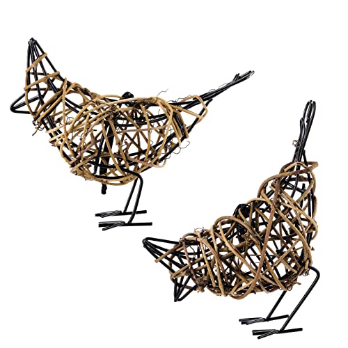 Natural Rattan Bird Sculptures Set of 2 - Christmas Ornament - Handwoven Metal Wire Figurine Table Decor, Rustic Farmhouse Accent with Memo Clip & (6x5.5x2.3in) - color: Coffee2