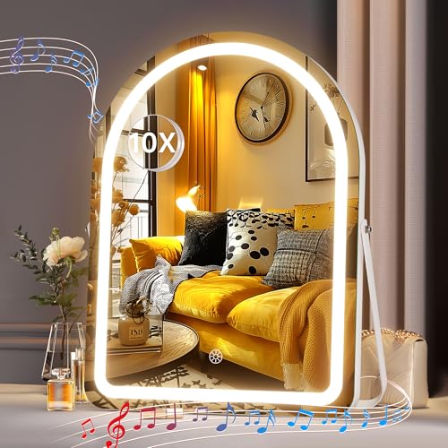 Hasipu Vanity Mirror with Lights and Bluetooth Speaker, 13.8"× 18" Arched LED Makeup Mirror, Lighted Makeup Mirror with Lights, Smart Touch Control Dimmable 3 Modes Light 360°Rotation White - size: 13.8"L x 18"W