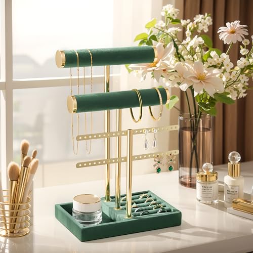 bussdis 3 Tier Bracelet Holder Display - Detachable T Bar Dark Green Velvet Bracelet Holder, Jewelry Holder Organizer for Bracelet, Necklace, Earrings, Rings - color: Dark Green, size: Standard