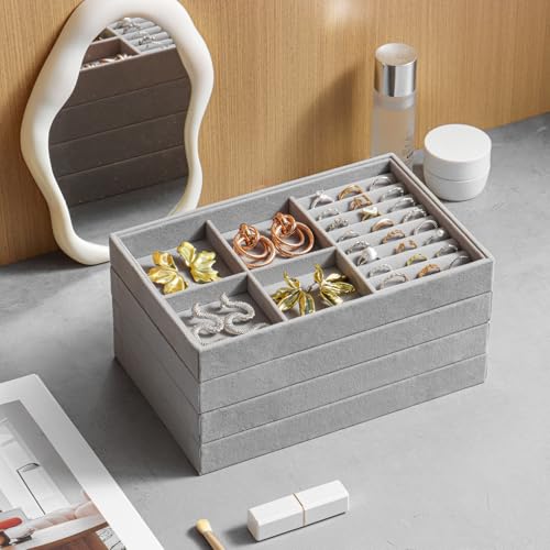 Jewelry Drawer Organizer, 4 Set of Stackable Jewelry Trays for Drawer Inserts Velvet Organizers and Display Storage for Earring Necklace Rings Bracelets (Gray)