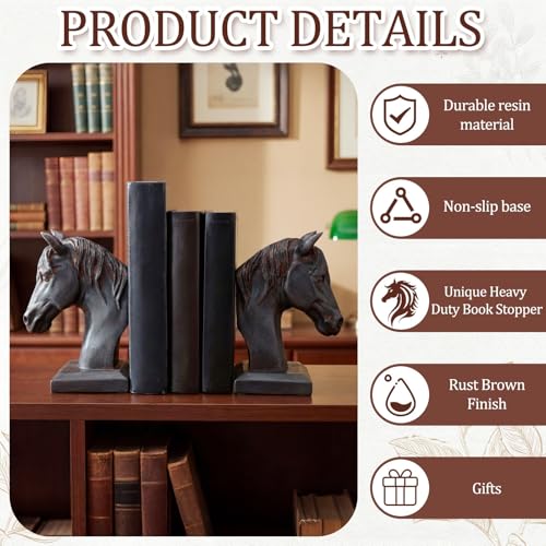 Set of 2 Horse Head Bookends Brown Antique Heavy Duty Book Ends Resin Decorative Art Bookends for Derby Day Vintage Home Office Desk Decoration Horse Lovers Gifts - color: Brown