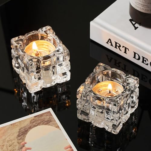 Crystal Ice Tea Light Candle Holders, Set of 2, Glass Candlestick Holders Tray for Bathtub, Bathroom, Livingroom