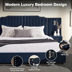 Luxury King Size Bed Frame with LED Lights and Nightstands, Oversized Velvet Upholstered Platform Bed Frame with Extra Wide Headboard, Button Tufted Design, No Box Spring Needed, Dark Blue | Breathable material - color: Dark Blue-velvet, size: King