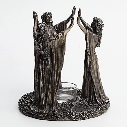 Veronese Design 6 3/4 Inch Tall Triple Moon Goddess Maidens Ritual Candle Tealight Holder Cold Cast Bronzed Resin Sculpture Wiccan Alter Figurine Home Decor New Age Religious Collectible