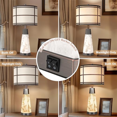 KIVDITZO 27" Alabaster Table Lamps for Living Room, Bedroom Lamps Set of 2 with Night Light, Living Room Lamps with USB A+C Ports, Table Lamp with Linen Shade for Bedside (Bulbs Included) - color: Bronze