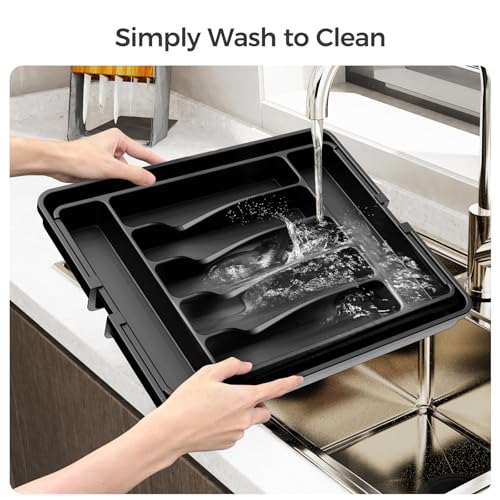 ukeetap Extra Large Expandable Silverware Organizer, BPA-Free Food-Safe Cutlery Flatware Organizer, Kitchen Utensil Drawer Organizer, Adjustable Silverware Holder for Spoons Forks Knives, Black - color: Black