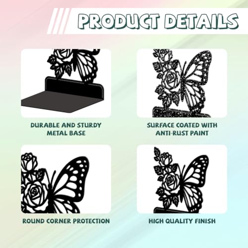 Peacoblue Metal Bookends for Shelves, Modern Decorative Heavy Duty Study Book Ends Stoppers for Office, Desk, Shelf, Room 5.3"x4.3"x5.7" Cast Iron Simple Tall Bookends 1 Pair (Butterfly with Roses) - style: Butterfly with Roses