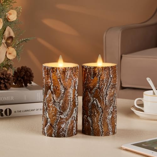 Pine Flameless Pillar Candles Flickering with Remote Timer, Battery Operated LED 3D Moving Flame Real Wax Candles, Set of 2, D3 x H6,Remote Included (Pine) - color: Pine