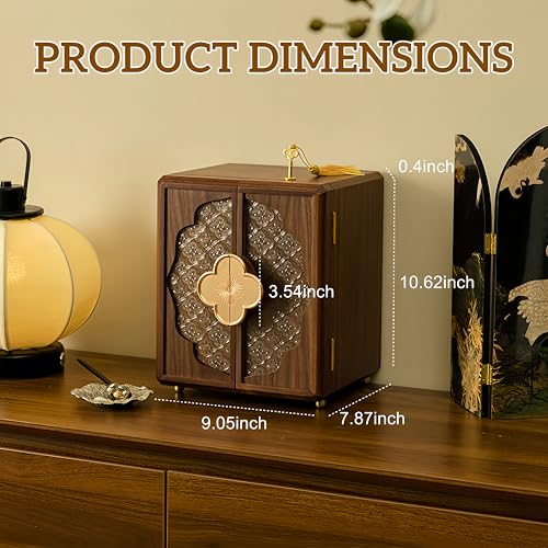 KINTNESS Wooden Jewelry Box With Key, 5 Layers Lockable Large Jewelry Organizer for Women Girls, Walnut Texture for Bracelet, Necklace, Ring, Valentines Gift for Women - style: Four-Leaf Clover Handle Design