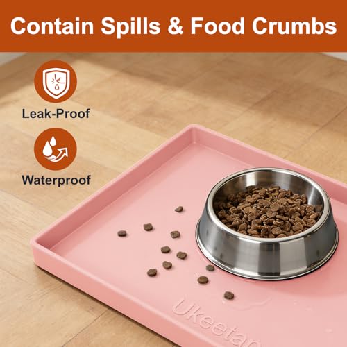 ukeetap Extra Thick Silicone Mat Waterproof with Raised Edge 19” x 12”, BPA Free Non-Slip Dog & Cat Food Mat, Feeding Mat for Food and Water Bowls, Spill Proof Mat to Protect Floors, Pink - color: Pink, size: 19" x 12"
