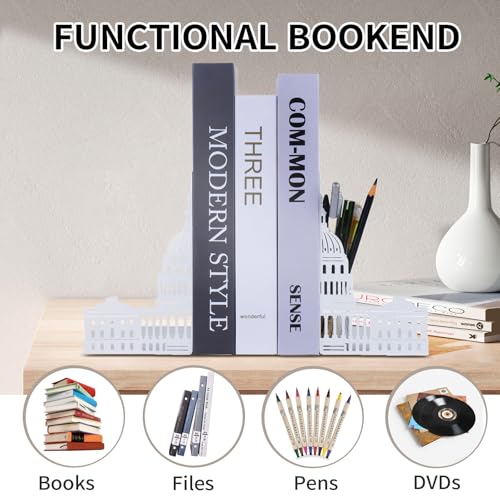 Capitol Book Ends Decorative for Shelves,ENCIMART 1.5mm Thickened Bookends with Pen Holder,Heavy Duty Metal Book Stopper Desk Organizer Holder for Office Gift (White) - color: Capitol White