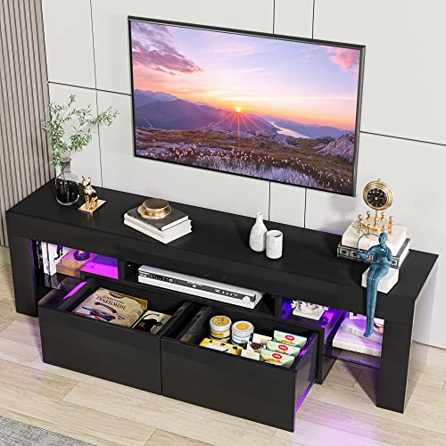 JUMMICO TV Stand, Modern Lighting TV Cabinet Entertainment Center Media and Open Shelf, TV Console Table with 1 Drawer and Remote Control, 20 Color LED Lights up to 70 Inch TV (Black) - color: Black, size: 60 Inches
