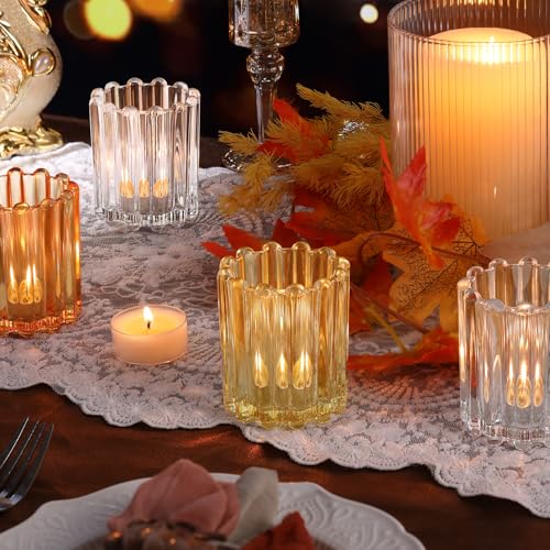 HAVITI Votive Candle Holder, Orange Ribbed Votive Candle Holders Set of 12, Mixed Color Tealight Candle Holder for Wedding Centerpieces Dinner Party Table Decor - color: Clear&orange&yellow
