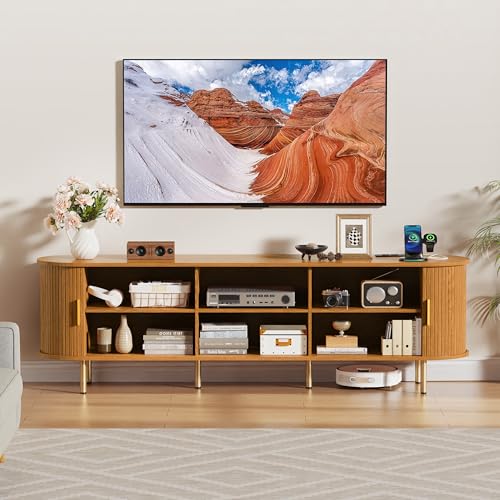 DHH 70.8 Inch Mid Century Modern TV Stand with Power Outlet for TVs up to 80 Inch, Entertainment Center with Storage and Adjustable Shelves, Media Console with Sliding Doors for Living Room(Yellow) - color: Yellow Walnut, size: 71 Inch