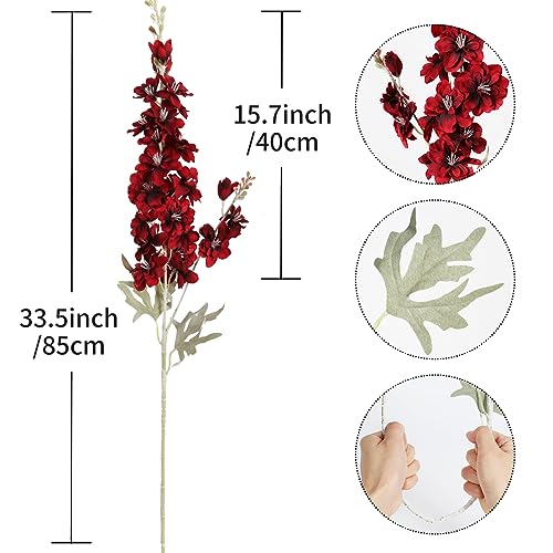 8pcs Red Delphinium Artificial Flowers 33.5in Long Stem Larkspur Fake Silk Flowers for Tall Vase Faux Flowers for Home Wedding Baby Shower Floral Arrangement Centerpiece Table Decor (Dark Red) - color: Red