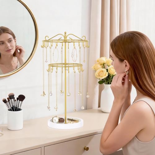iDavosic.ly 2 Tier Rotating Necklace Holder Organizer with 42 Hooks, Adjustable Metal Bracelet Display Stand Rack, Extra Tall Keychain Spinning Tree Tower for Women, Wooden Base | White & Gold - color: White with Wooden Tray