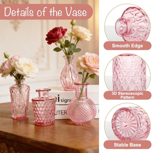 Petal Petite Glass Vase Set of 24 Small Pink Glass Bud Vases, Mini Vintage Flower Vases for Wedding Centerpieces & Table Décor, Champagne Vases in Bulk for Single Stem, Home and Office Decor - color: Pink
