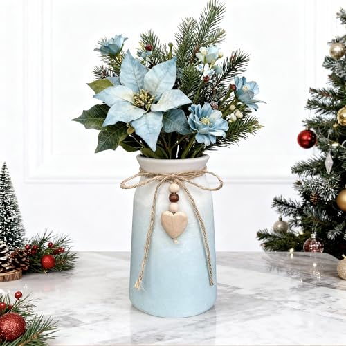 Elegant Ceramic Vase | 6-Inch Flower Vase with Jute Rope & Heart Charm | Modern, Farmhouse, & Boho Home Décor, Blue Color - color: Blue