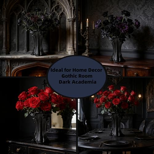 Vintage Gothic Ceramic Vase, 8.74×6.46×5.63inches, Matte Black Flower Vase for Red & Black Roses,Dark Academia Witchy Aesthetic Vase for Bedroom Living Room Dining Table