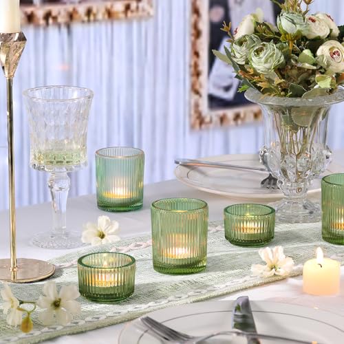 NITIME 20pcs Ribbed Green Votive Candle Holders, Assorted Tea Light Candle Holder Glass for Wedding Table Decor, Green Candle Holders for Table Centerpieces, Brithday and Tea Party Decorations - color: Green