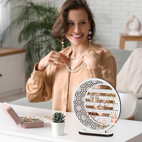 Kathfly Large Boho Moon Earring Display Stand for Mother's Gift 10 Inch Wooden Floral Goth Earrings Stud Jewelry Holder Organizer Dangle Hanging Holder Gift for Women(White) - color: White