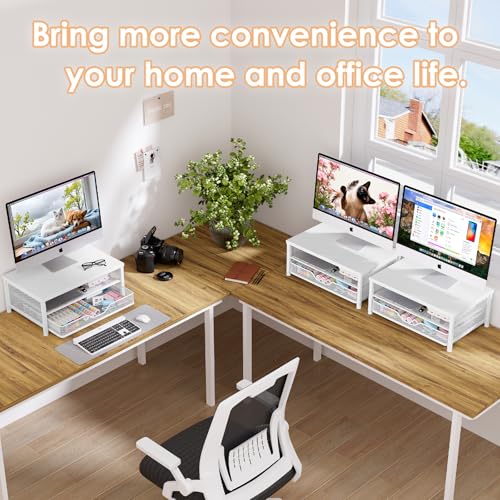 OPNICE Computer Monitor Stand Riser, Desk Organizer with Drawer, Laptop Stand, Office Desk Accessories & Workspace Desktop Organizers Storage for Office Supplies(White) - color: White