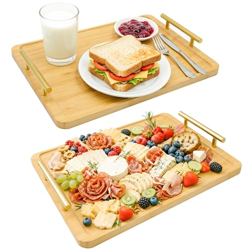 2 Pack Bamboo Serving Tray with Metal Handles, 15.8×11.4“ Solid Wooden Tray for Food, Rectangular Decorative Tray for Ottoman, Coffee Table, Living Room, Bathroom, Party