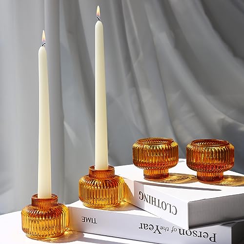 Woho Candlestick Holders Set of 4, Amber Votive Candle Holders for Fall Wedding Table Centerpiece, Ribbed Glass Taper Candle Holders for Dinner Party Halloween Thanksgiving Decor - color: Amber