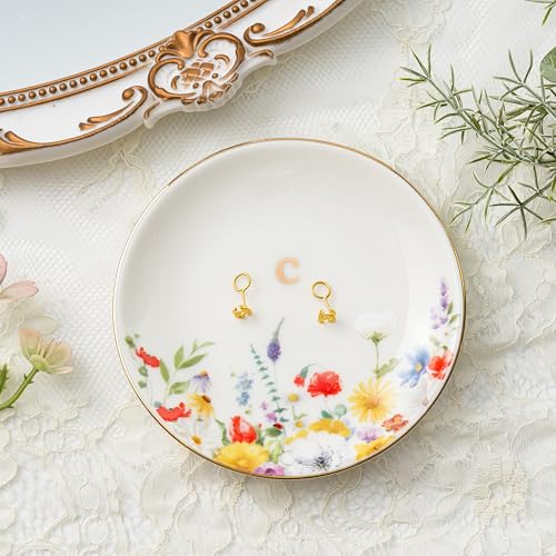 Crisky Flower Jewelry Tray Ring Dish & Gift Box, Ceramic Trinket Dish for Rings Earrings Necklaces Keys, Bridal Shower Engagement Birthday Gift for Women, Friends 4.57" (Gold Foil C - style: Initial C