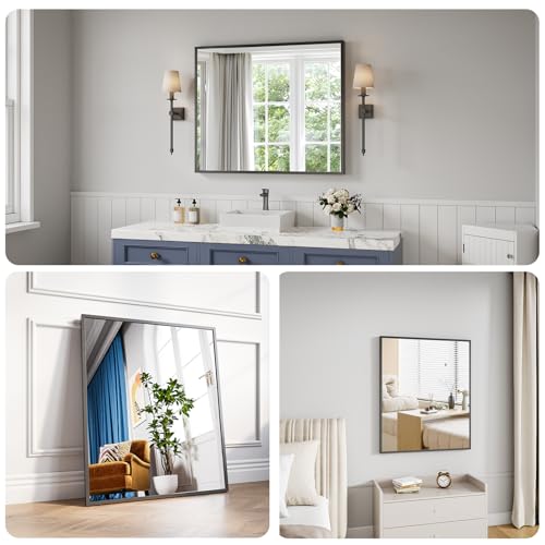 Koonmi Bathroom Mirror for Wall, 30"x36" Black Bathroom Mirror for Over Sink, Shatterproof Tempered Glass Vanity Mirror with Anti-Rust Aluminum Alloy Frame, Hang Horizontally or Vertically - color: Square Edged, size: 36"L x 30"W