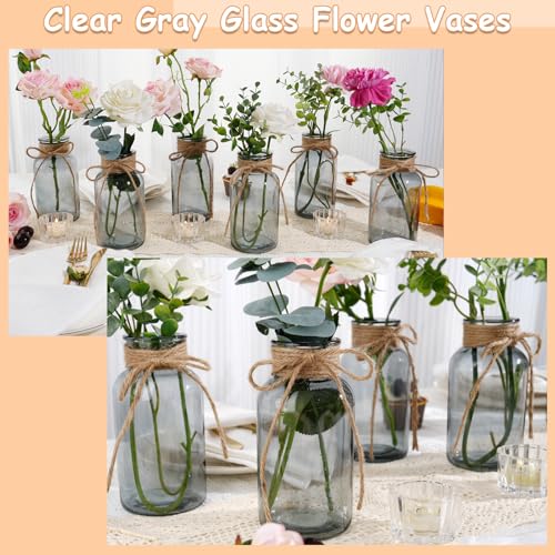 Vintage Glass Vases for Flowers, Set of 3 Grey Vases for Farmhouse Wedding Centerpiece Cylinder Bottle for Reception Table Decoration Home Decor Floral Arrangements - color: Gray, size: Large-3Pcs