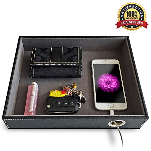 Valet Tray with Charging Station - PU Leather Nightstand Organizer for Men and Women, Desk Catchall Tray for Keys, Jewelry