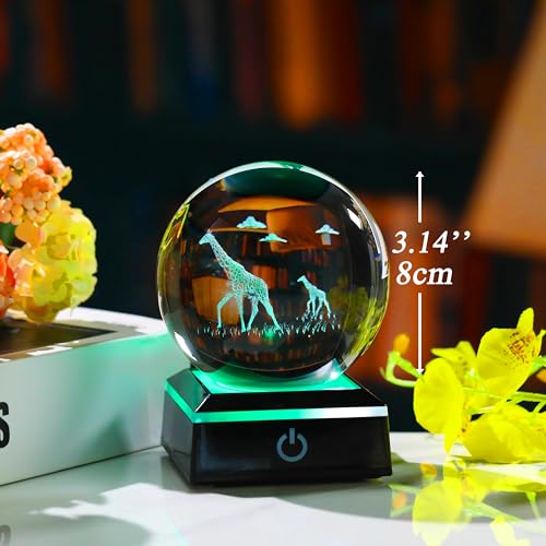 Qianwei Giraffe Gifts for Women Men 3D Crystal Ball 3.14'' - Laser Giraffe Decor Glass Animals Figurines Statue Stuff for Room Night Light Giraffe Gifts for Mom - style: Giraffe