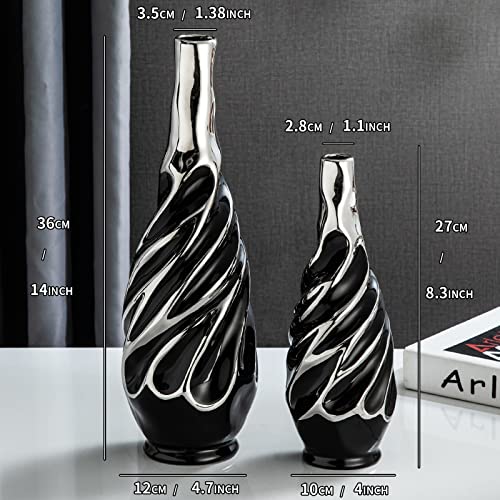 Yundu Black with Silver Vase Set of 2 - Pampas Grass Vase, Ceramic Vases Ideal for Living Room, Shelf, Coffee, Home Decor. Boho & Modern Centerpieces Flowers Vases - color: Black With Silver