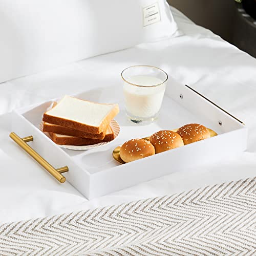 Glossy White Acrylic Lucite Serving Tray with Metal Handles,No Need to Assemble,11x14 Inch,Decorative Storage Organizer with Spill-Proof Design,Serving for Coffee,Breakfast,Dinner and More - color: White, size: 14" x 11" x 2"