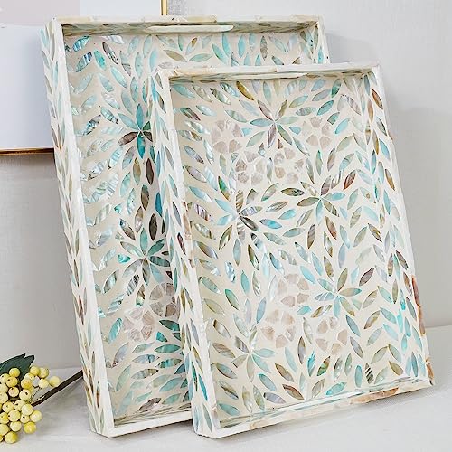 Serving Trays Handmade Trays for Serving Mother of Pearl Inlay Decorative Tray Room Decor, Coffee Table Tray Set of 2 Trays Decor for Ottoman Length 16'' and 14''